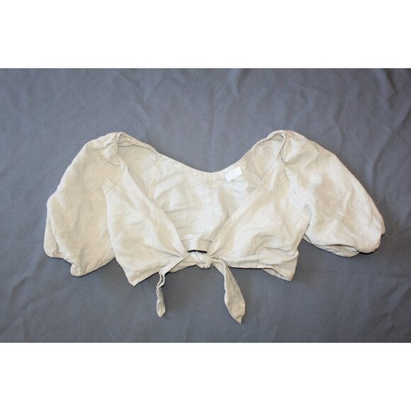 POSEE Mia 100% Linen Tie front women Top Size XS Plunge Puff Sleeve Lagenlook - Picture 2 of 9